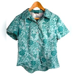 Royal Robbins Teal Floral Button Up Short Sleeve Top Women's Size L Pocket